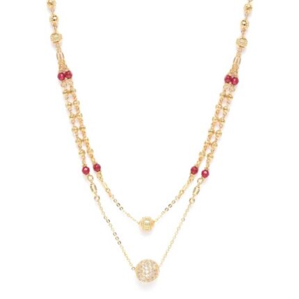 Maroon Gold-Plated AD Studded & Beaded Layered Mangalsutra