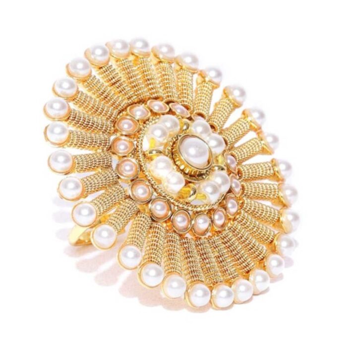 Gold-Plated & White Pearls Studded Adjustable Ring