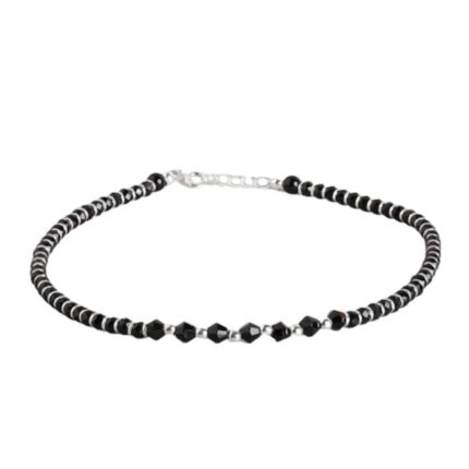 Women Black Artificial Beaded 92.5 Sterling Silver Anklet