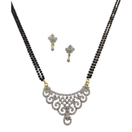 Women Gold-Plated White & Black Beaded Mangalsutra With Earrings