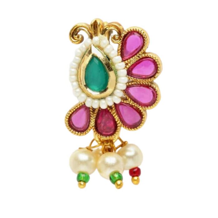 Gold-Plated Kundan Stone-Studded & Pearl Beaded Nosepin