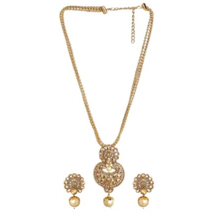 Gold-Plated Beige Kundan-Studded Beaded Handcrafted Jewellery Set