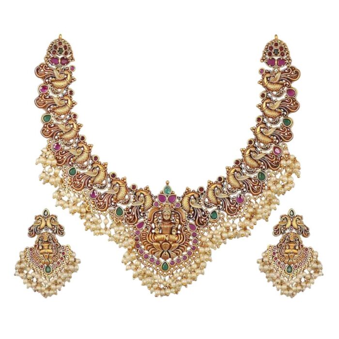 Gold-Plated Artificial-Studded Necklace with Earrings