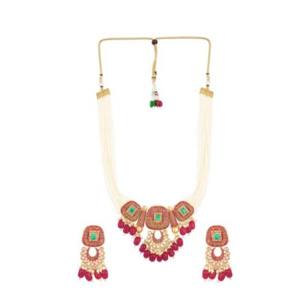 Gold-Plated White & Red Pearl-Beaded & Stone-Studded Multi-Stranded Jewellery Set