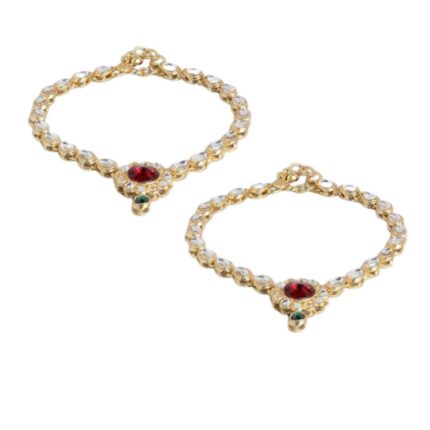 Gold-Plated Maroon Kundan Studded & Beaded Anklets