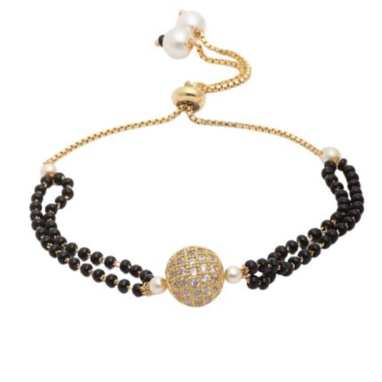 Gold-Plated Black Artificial Stones & Beads Studded Hand Mangalsutra