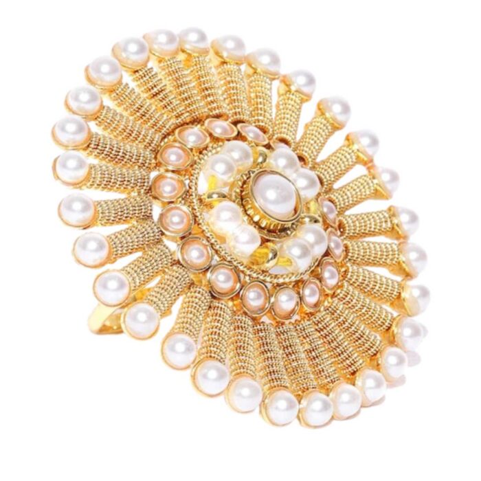 Gold-Plated & Off-White Handcrafted Beaded Adjustable Finger Ring