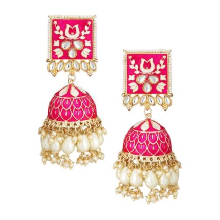 Gold-Plated Pink Kundan Studded & Enamel Handcrafted Meenakari Dome Shaped Jhumkas