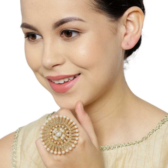 Gold-Plated & Off-White Handcrafted Beaded Adjustable Finger Ring