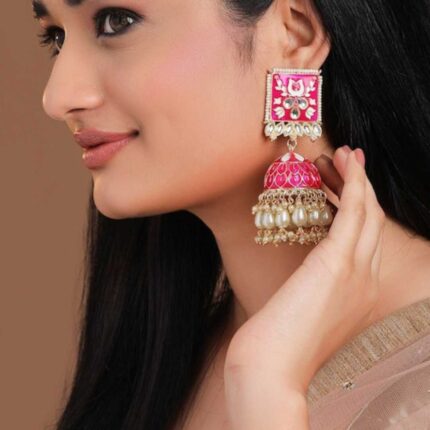 Gold-Plated Pink Kundan Studded & Enamel Handcrafted Meenakari Dome Shaped Jhumkas