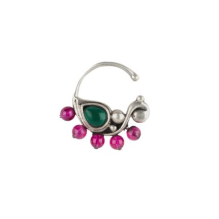 Silver Oxidized Green Stone-Studded & Pink Beaded Nose Ring