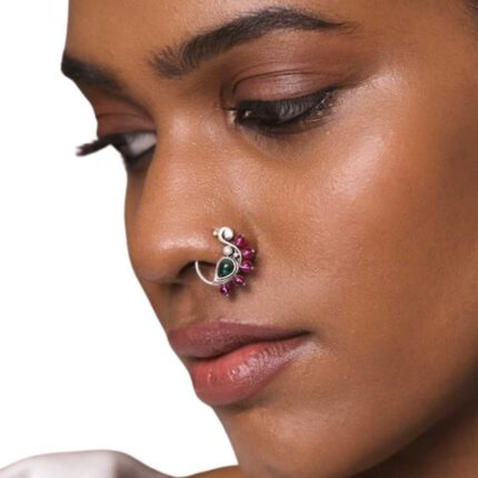 Silver Oxidized Green Stone-Studded & Pink Beaded Nose Ring